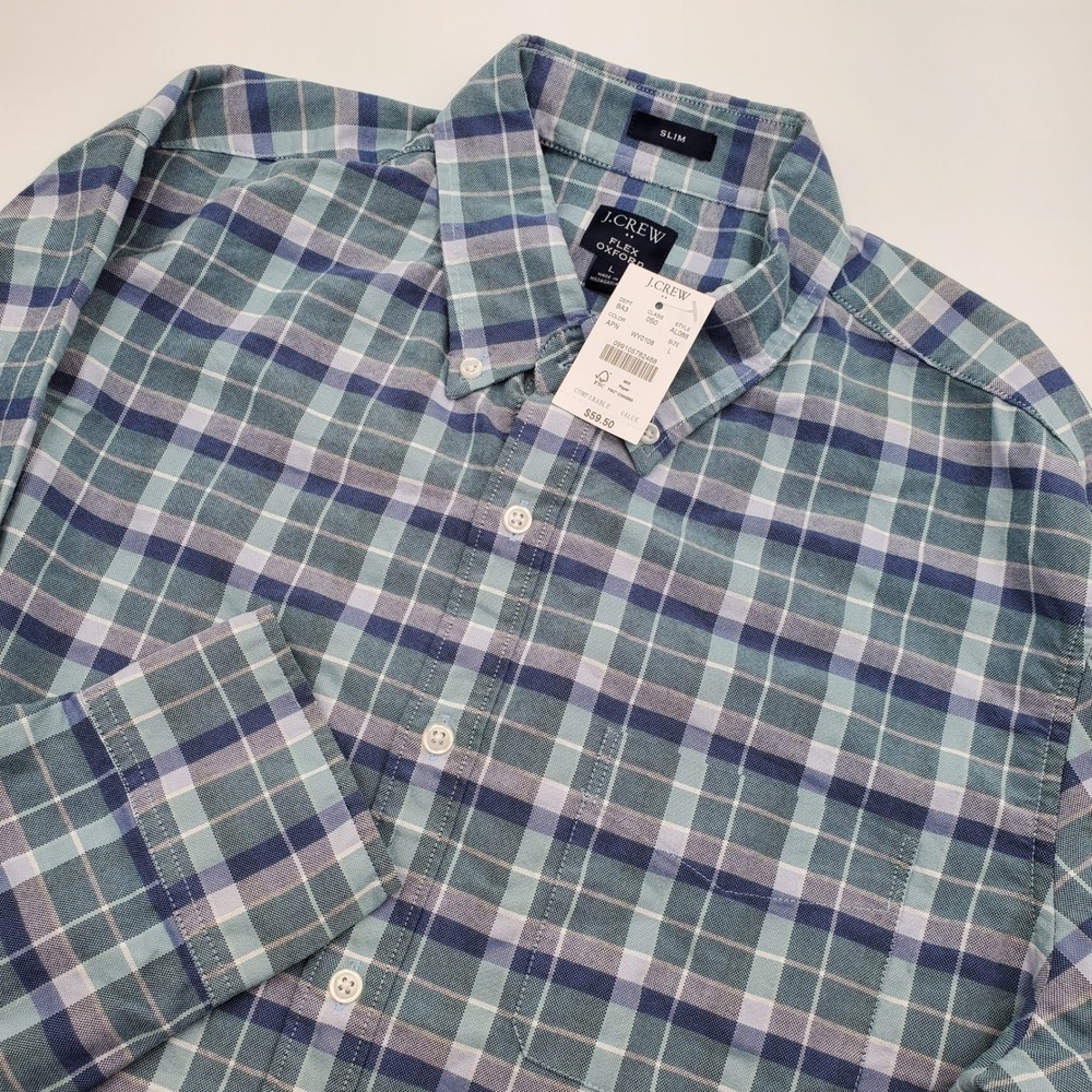 J.Crew Flex Oxford Slim Fit Plaid Button Down Shirt Teal Navy AL088 Mens L NWT